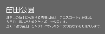 笛田公園 鎌倉山の頂上に位置する笛田公園は、テニスコートや野球場、多目的広場などを備えたスポーツ公園です。遠くに望む富士山と四季折々の花々が市民の皆さまをお迎えします。